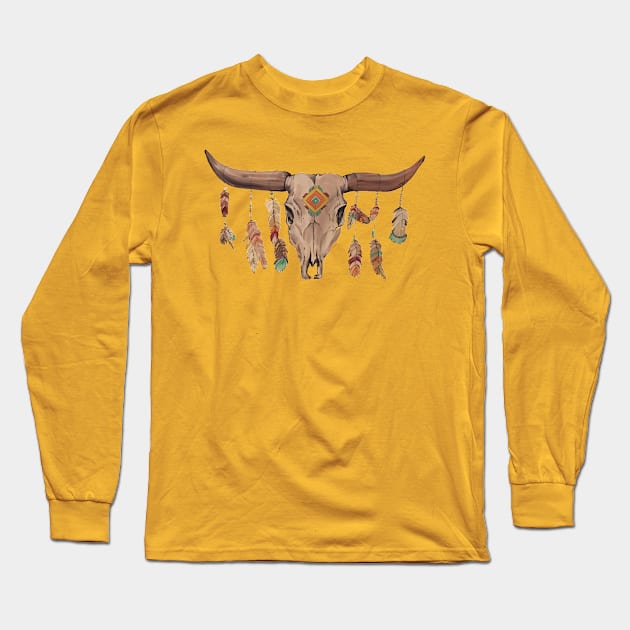 Cattle Skull With Feathers And Beads Long Sleeve T-Shirt by BonnieSales